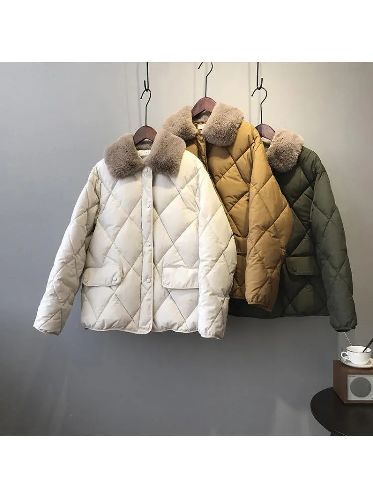 Imitation Rabbit Fur Collar Polyester-Padded Short Black Parkas Women 2022 Winter Korean Version Loose Warm Bread Coats Jackets