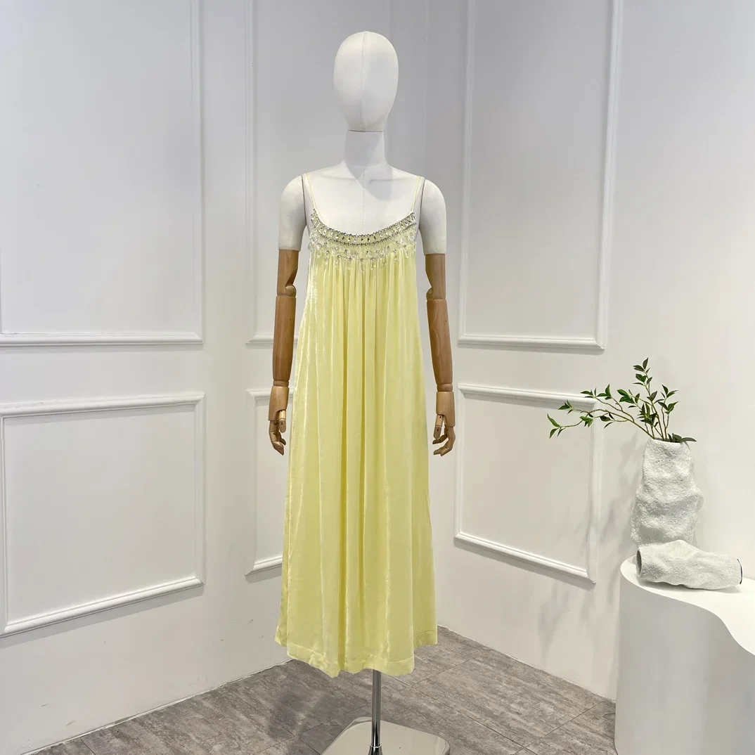 

Solid Yellow 2023 High Quality New Diamonds Luxury Casual Sleeveless Backless Camisole Woman Midi Dress