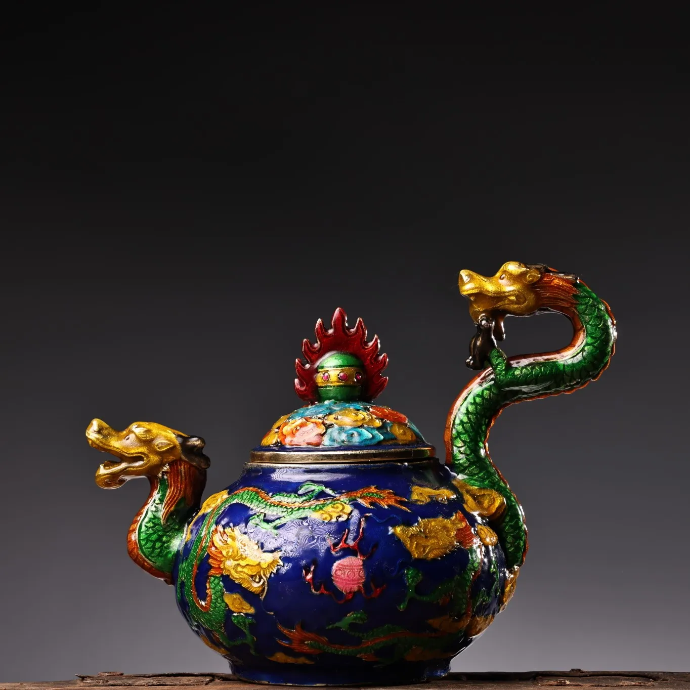 

7"Tibetan Temple Collection Old Bronze Cloisonne Twin Dragons dragon head flagon kettle teapot Amass wealth Ornaments Town House