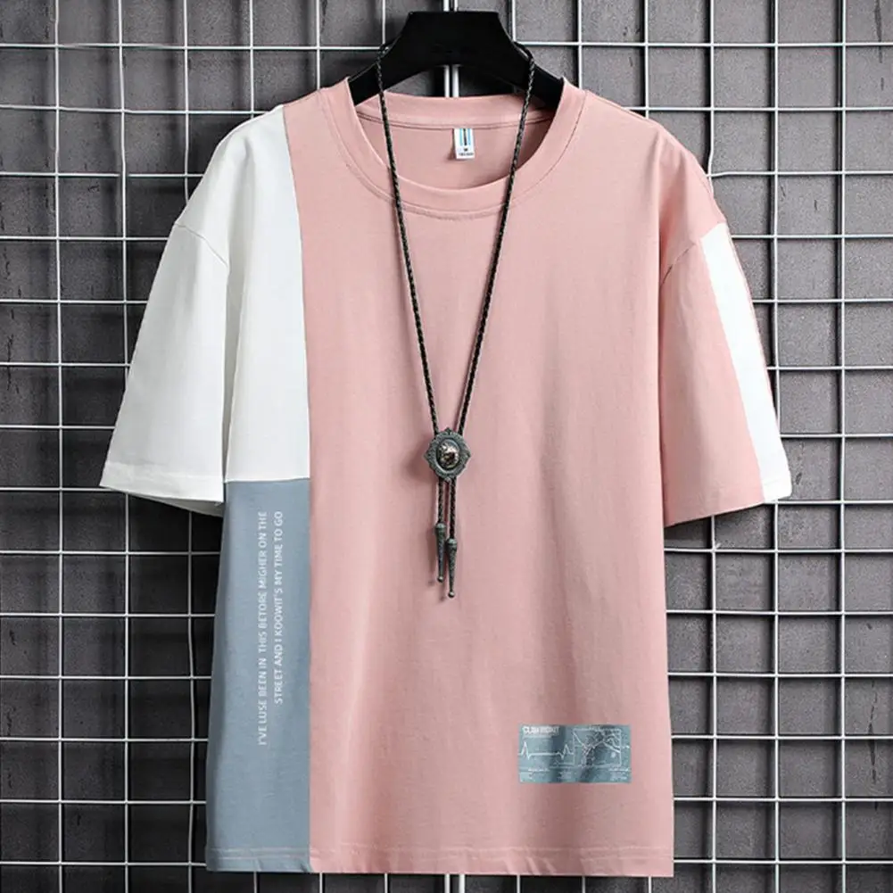 

Casual Men T-shirt Round Neck Patchwork Color Sweat-absorbing Polyester Summer All-Match Baggy Shirt Men Clothing Loose Top Tees