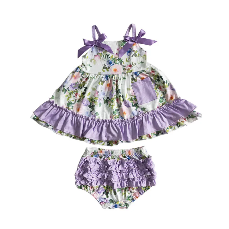 

Новинка, модная одежда для маленьких девочек, фиолетовые бамперы с оборками и цветочным принтом, эксклюзивная Одежда с бантом на лямках и ру...