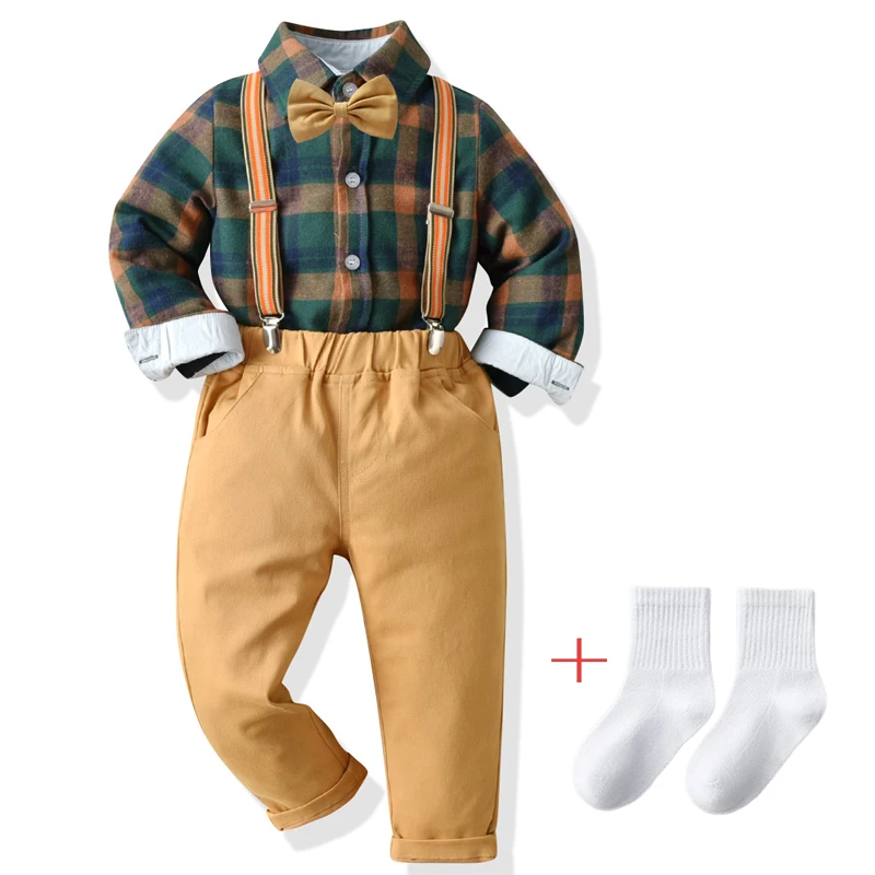 

Fashion Plaid Baby Boy Gentleman Suit Shirt With Bowtie Suspender Trousers Sets Birthday Party Handsome Kids Boys Clothing
