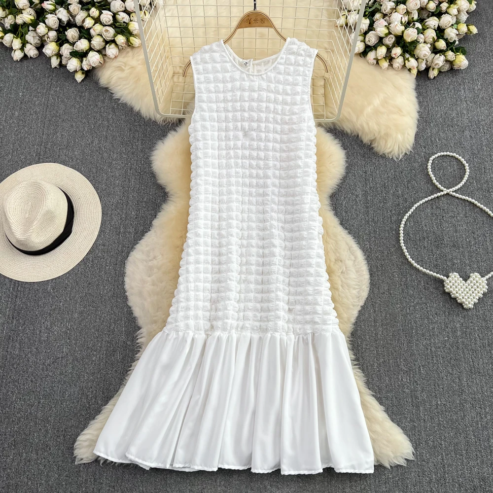 

SuperAen High-end Puff Plaid Vest Long Dress Summer Korean Round Neck Sleeveless Loose A-line Ruffle Dress