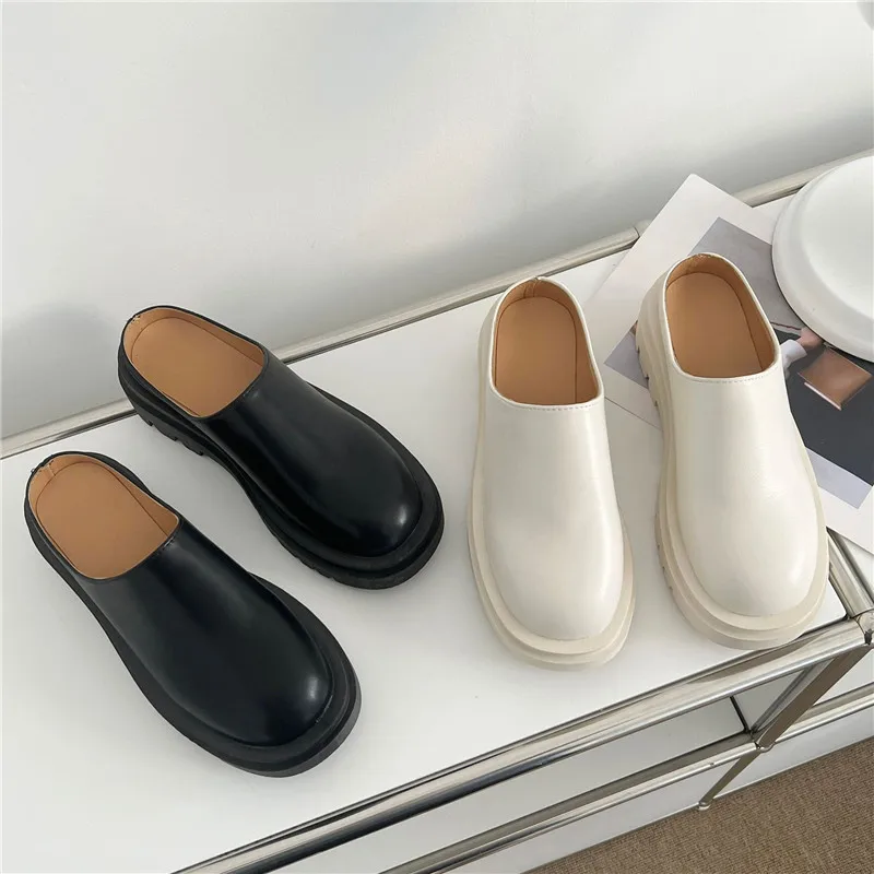 Women Slippers 2023 Summer Fashion Leather Shoes Loafers High Platform Slippers Women Black High Heels Mules Shoes Slides Women