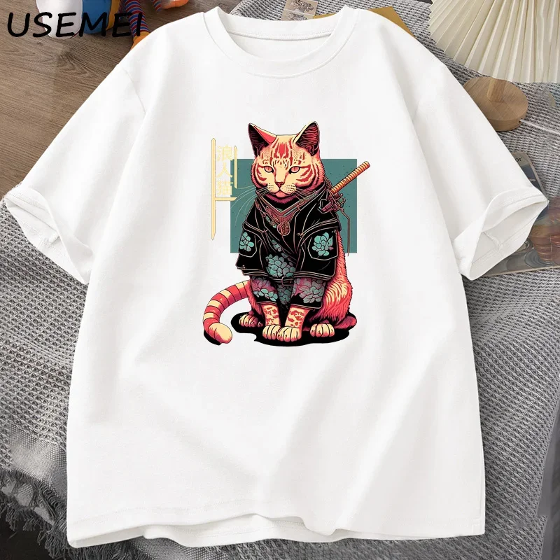 Футболка мужская с принтом самурайского кота милая хлопковая рубашка коротким
