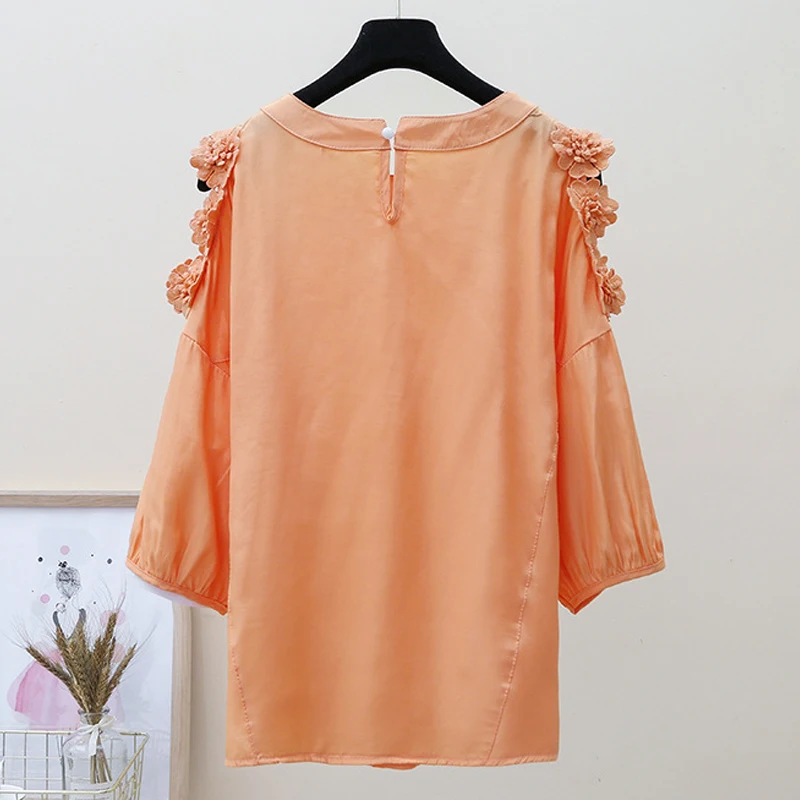 Женская шифоновая блузка с коротким рукавом круглым вырезом и открытыми плечами