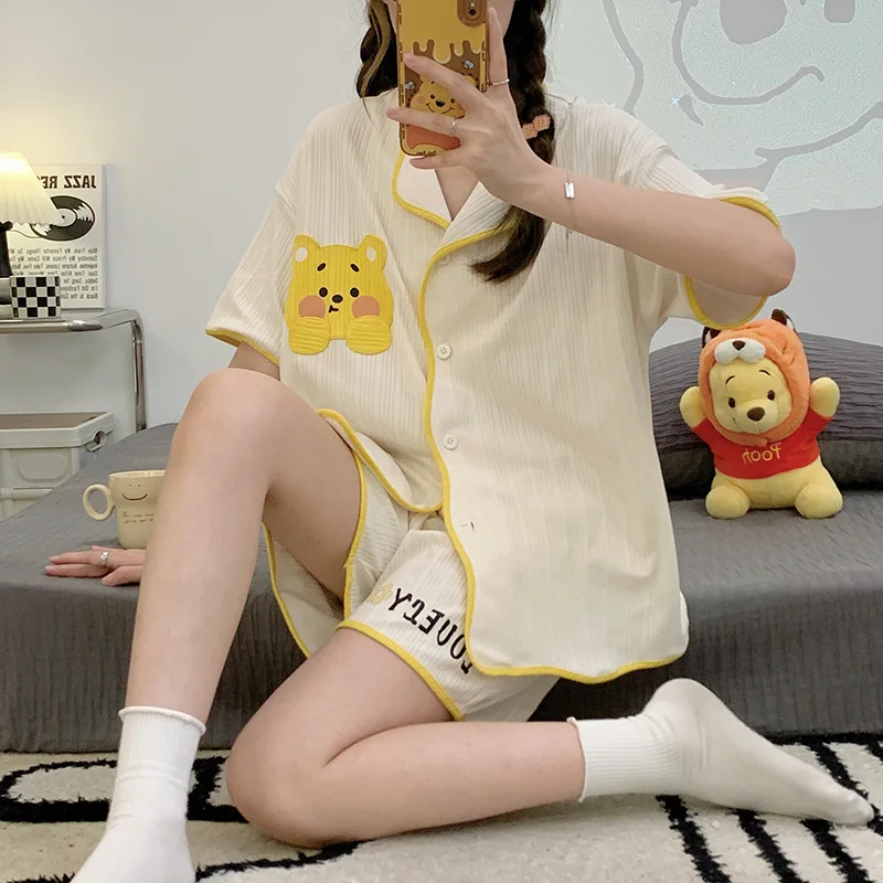 Young La Cardigan Cotton Set New In Women's Pajama 2023 Cartoon Bear Two Pieces Nightdress Short Sleeve Girl's Lovely Home Wear
