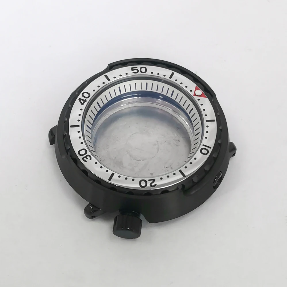 PVD Black 45mm Watch Case Can Case + White Inner Ring + White Rubber Strap Can Accomm Watch Caseodate NH35 NH36 Calibers