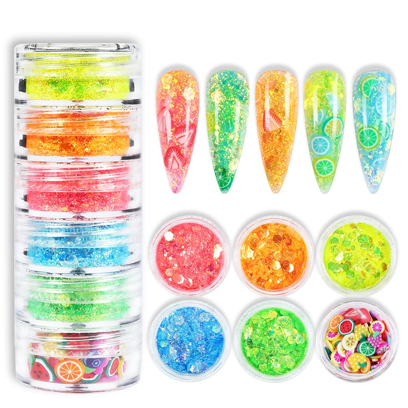 

6Pcs/Set Irridescent Ice Through Nail Glitter Powder Chunky Shiny Mix Hexagon Fruit Candy Slice Nails Decoration Gel Tips Uñas