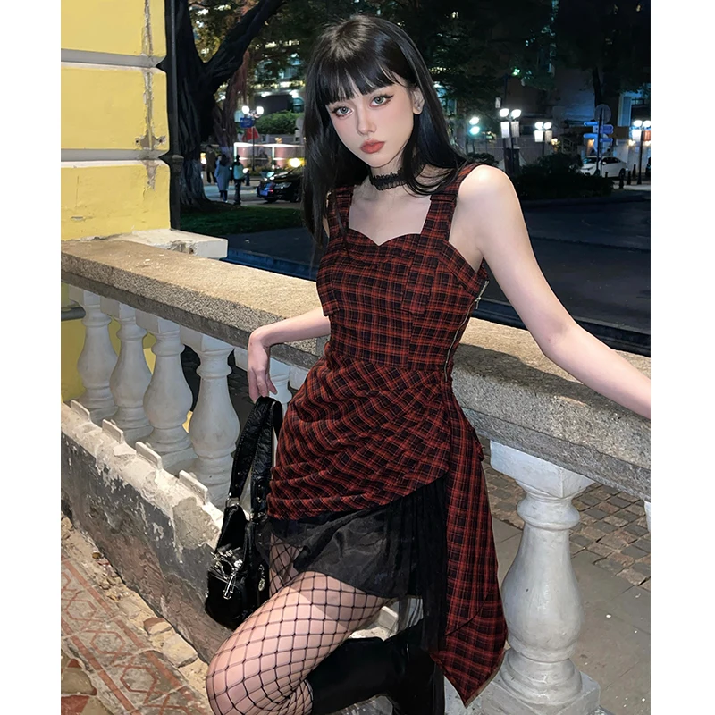 

Red Plaid Velvet Sexy Dress Attend The Party Elegant Sister Mature Dignified Women's Halter Dress Y2K Princess Birthday Dress