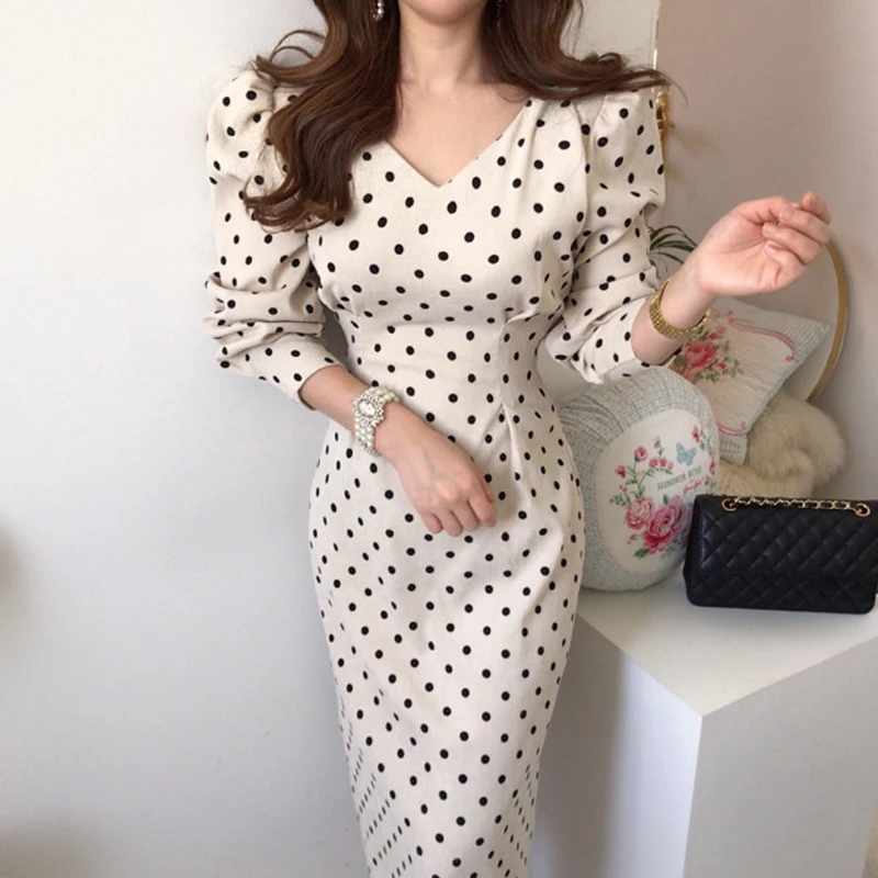 

French V-neck Tie Bow Waist Slim Elegant Polka Dot Corduroy Dress Women Vintage Wrap Hip 2022 Spring New Vestidos