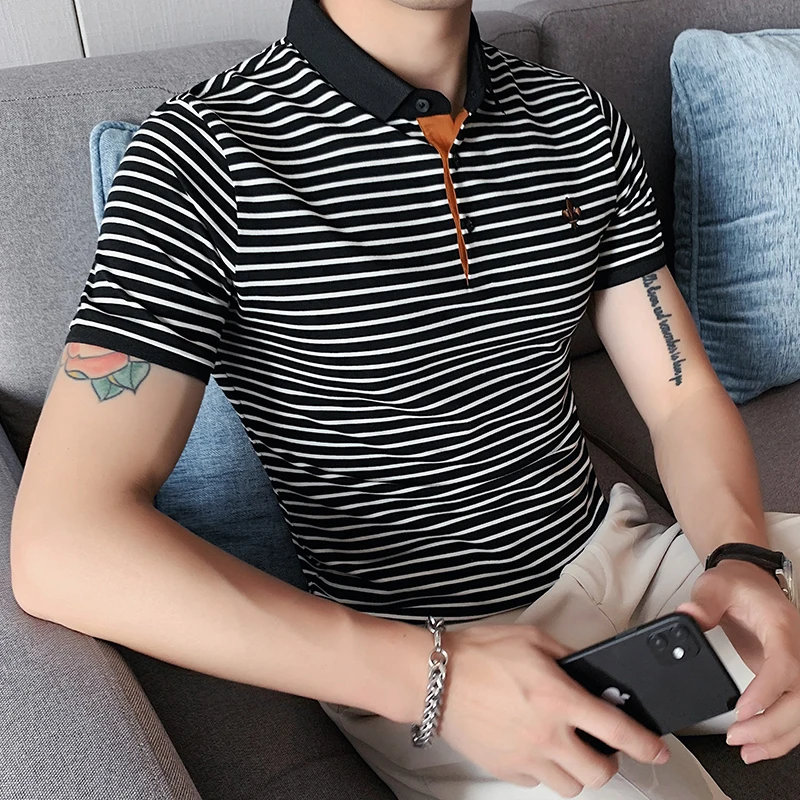 

Мужская полосатая рубашка-поло с отложным воротником и вышивкой, Повседневная футболка с короткими рукавами, уличная одежда, мужская облег...