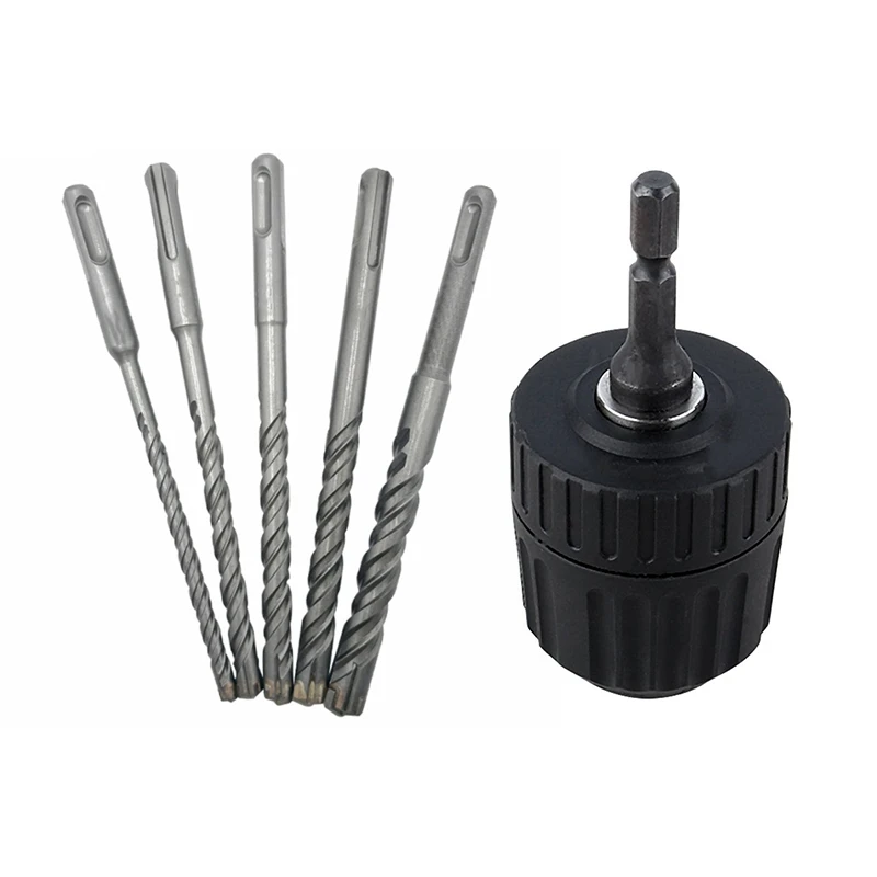 

5Pcs Electric Hammer SDS Plus Drill Bit With Keyless Drill Chuck Converter + Hex Shank