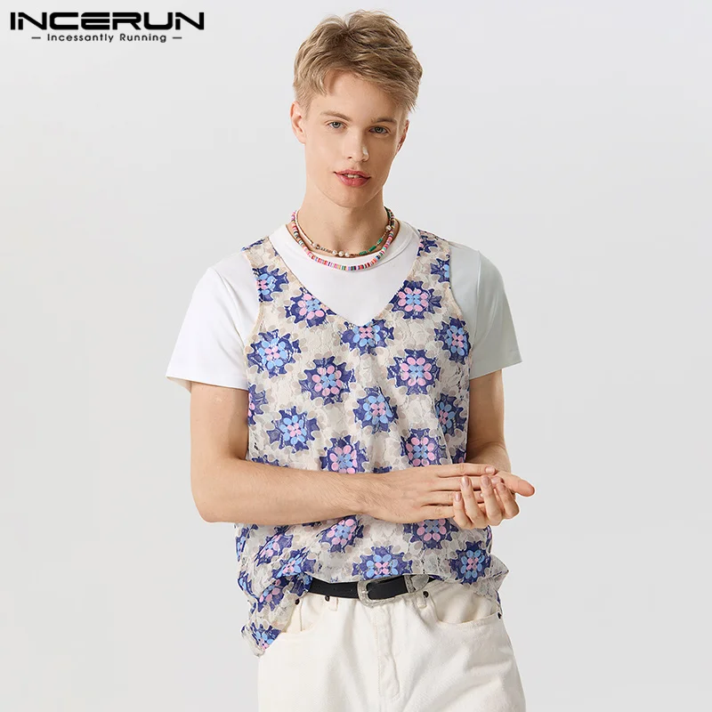 

INCERUN Men Tank Tops Flower Printing V Neck Lace Streetwear Casual Male Vests Sleeveless Loose 2023 Fashion Men Clothing S-5XL
