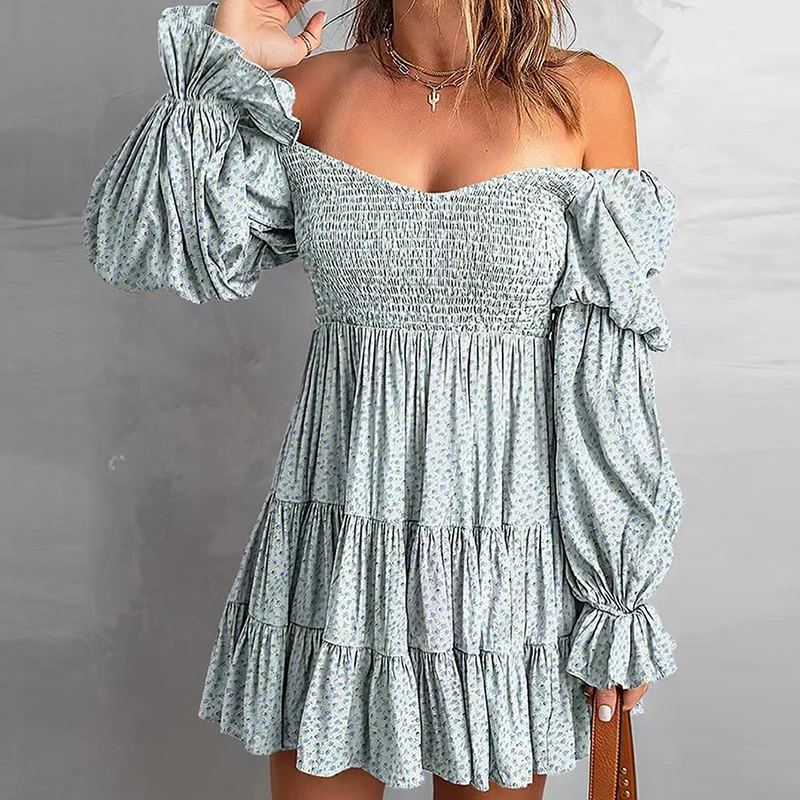 

Sexy Square Collar Floral Print Pleated Dress Elegant Casual Off Shoulder Mini Party Dress Female Long Flare Sleeve A-Line Dress