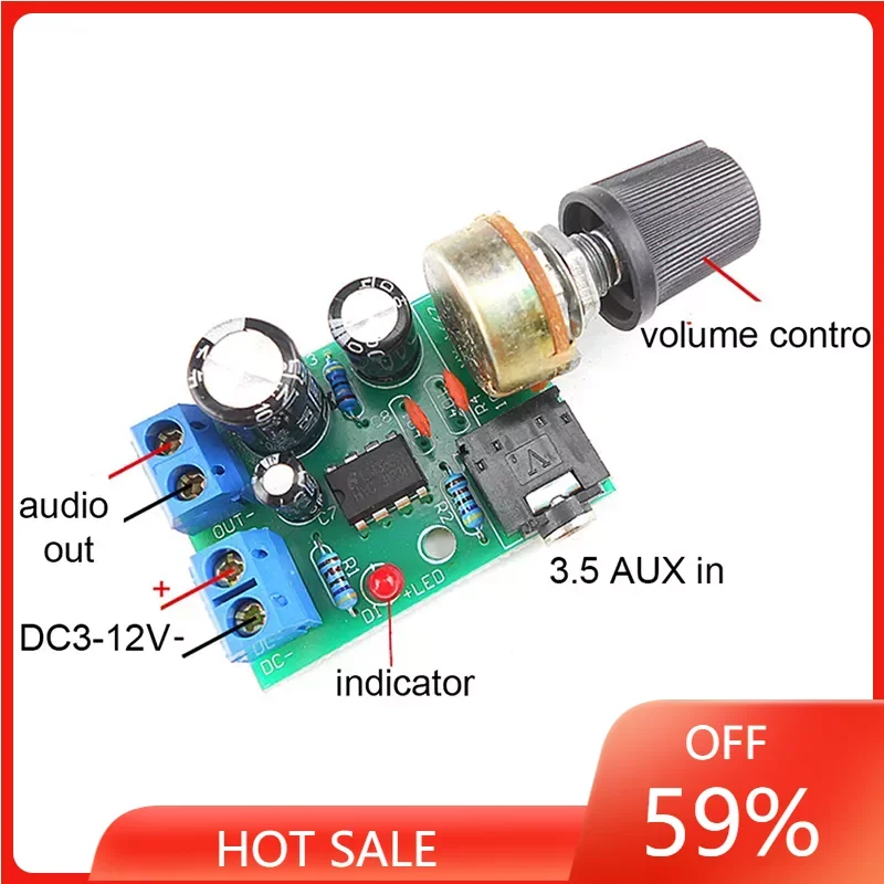

LM386 10W Audio Amplifier Board Mono 3.5mm DC 3-12V Volume Control