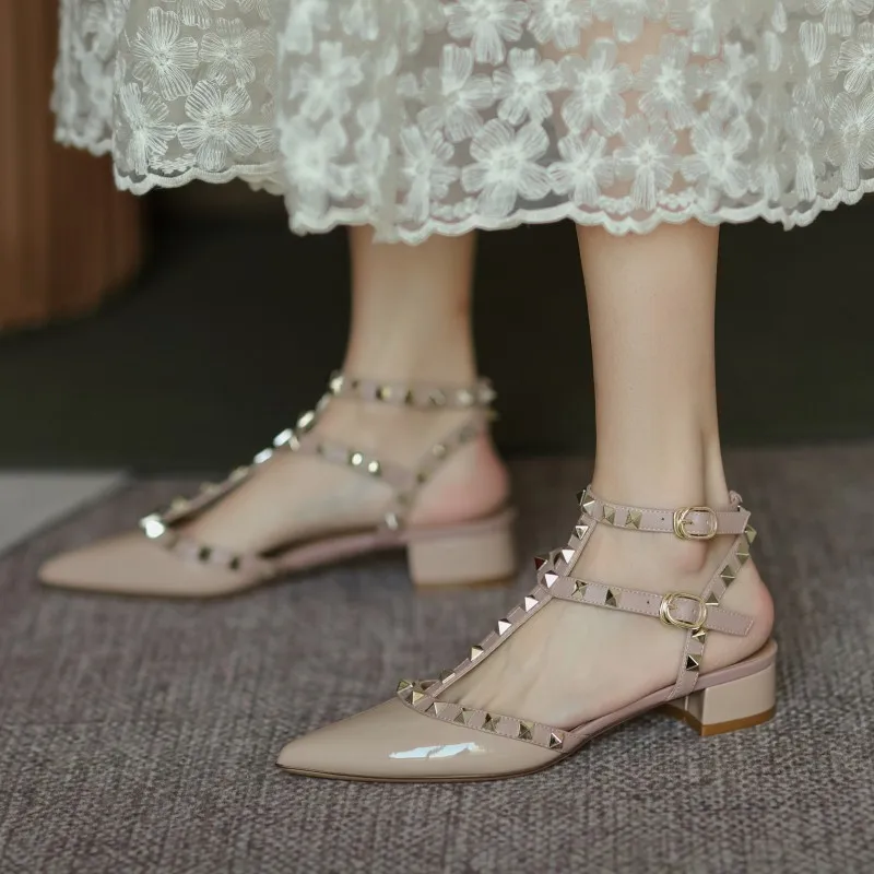 2023 Women Sandals Summer Rivets High Heels shoes Designer Brand Gold Lady Chunky Heel Pumps 3cm Luxury Leather Shoes With Box