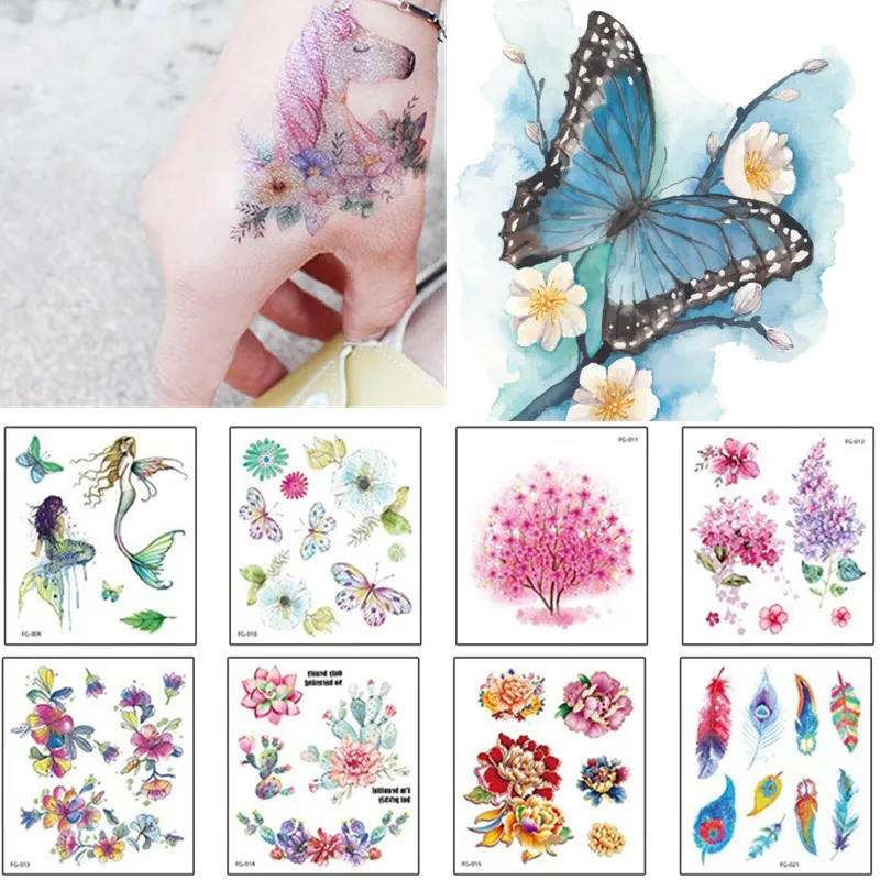 Glitter Tattoo Stickers Butterfly Mermaid Cherry Feather Blossom Unicorn Fake Tattoo for Kids Woman Face Arm Body Art Stickers