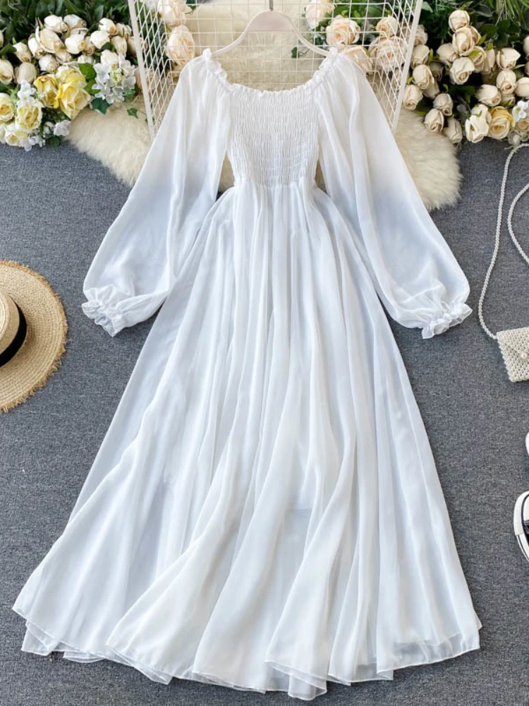 

Retro New Spring Autumn Women Elegant Holiday Dresses 2023 Puff Sleeve Slash Neck Off Shoulder Smocked White Chiffon Dresses