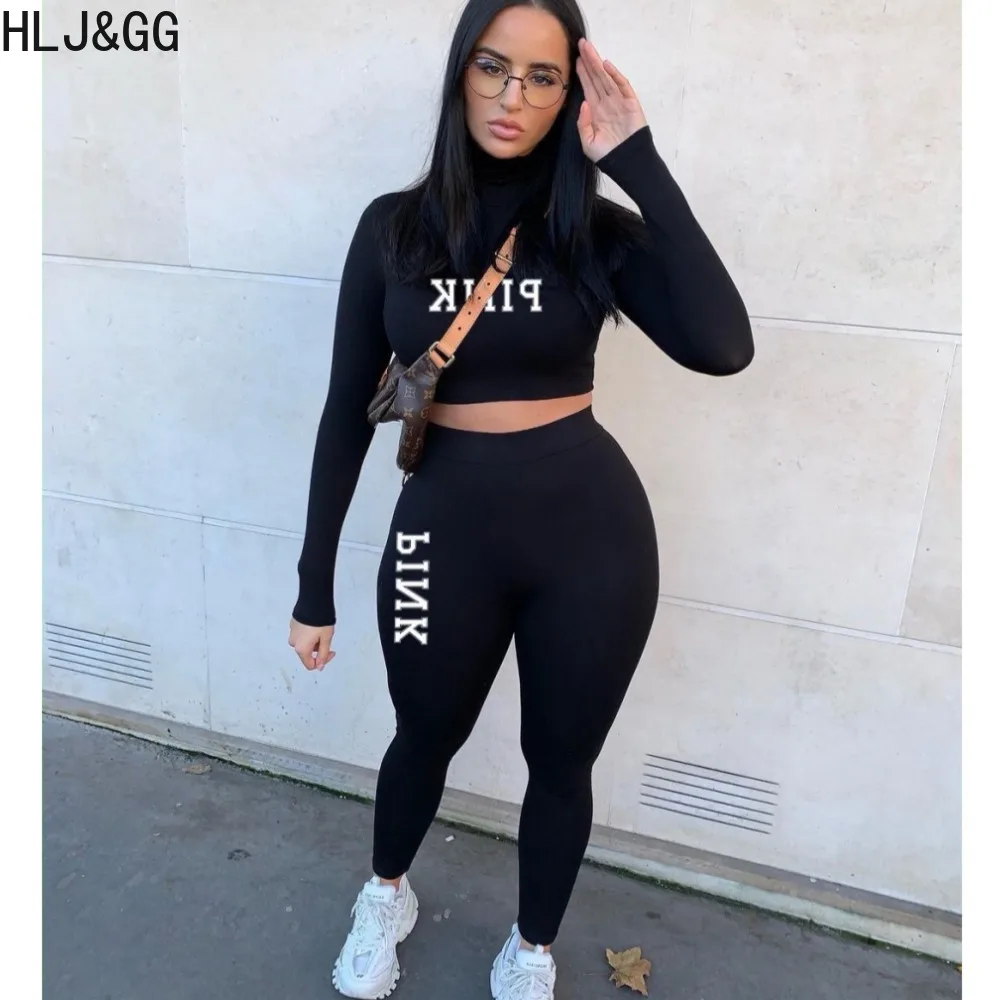 

HLJ&GG Casual PINK Letter Printing Tracksuits Women Round Neck Long Sleeve Crop Top + Legging Pants Two Piece Sets Outfits 2023