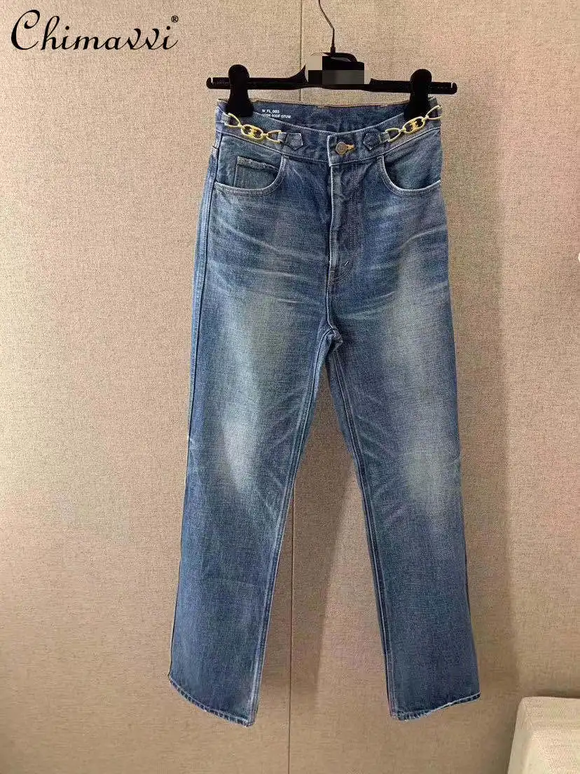 Fashion Wash Jeans High Waist Slim Metal Chain Decorative Denim Trousers 2022 Spring/Autumn Light Blue Retro Straight-Leg Pants