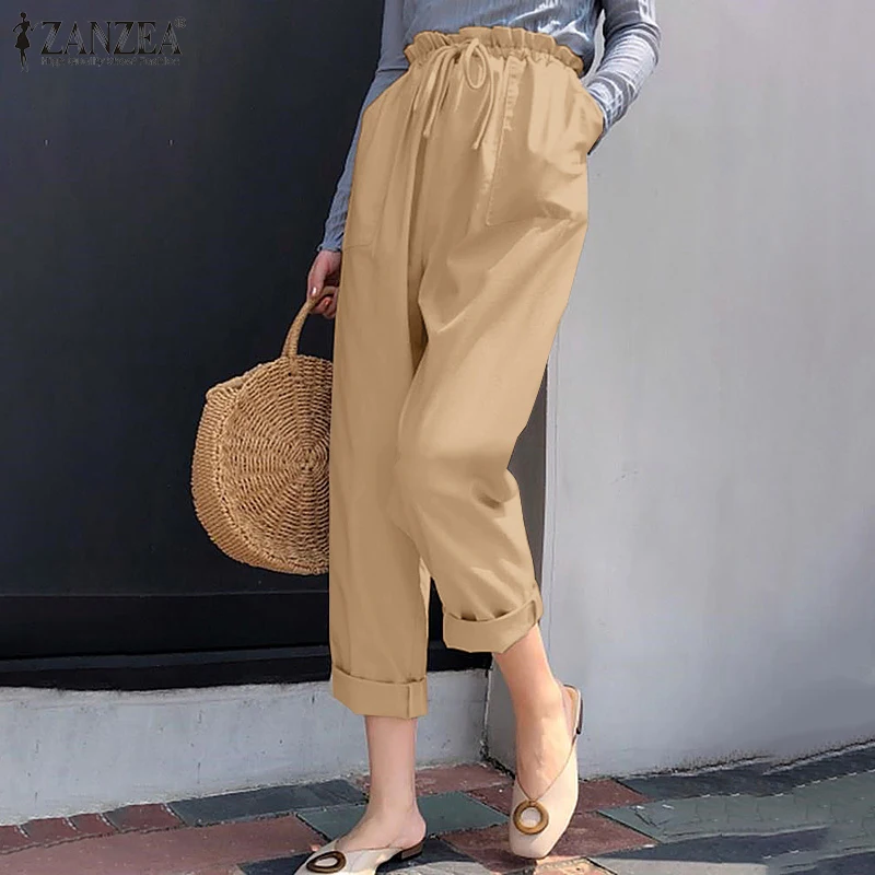 

ZANZEA 2022 Spring Summer Women Ruffle Elastic Waist Pants Loose Harem Pants Fashion OL Casual Solid Bandage Pantalons Palazzo