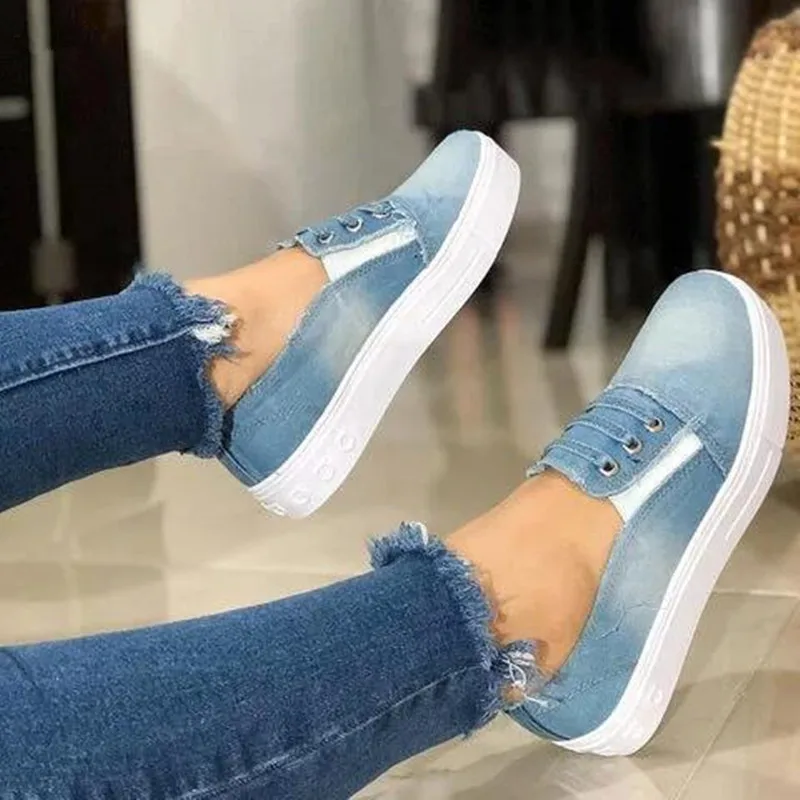 

NEW 2022 Women Flats Shoes Denim Loafers Casual Summer Breathable Fashion Outdoor Elastic Band Round Toe Platform Plus Size35-43