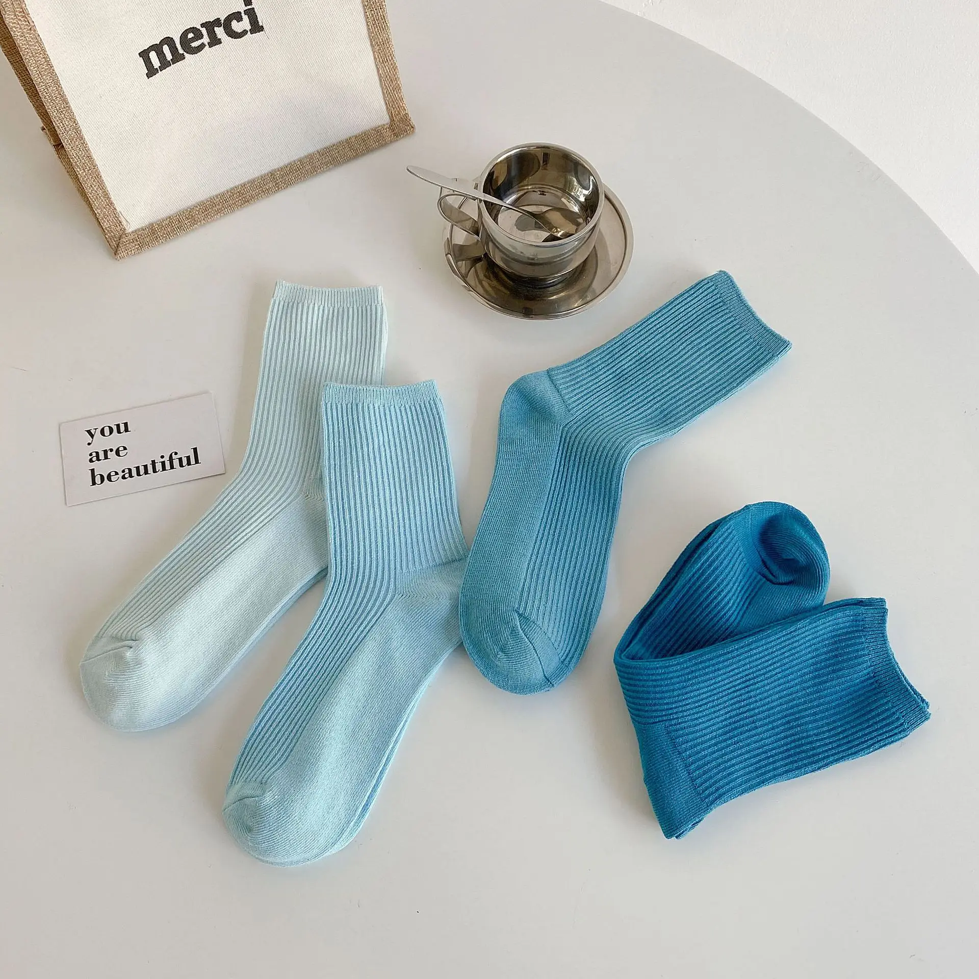 

Women's Blue Solid Color Mid Length Socks Vertical Striped Pile Socks Versatile Cotton Socks for Couples Simple Mid Tube Socks