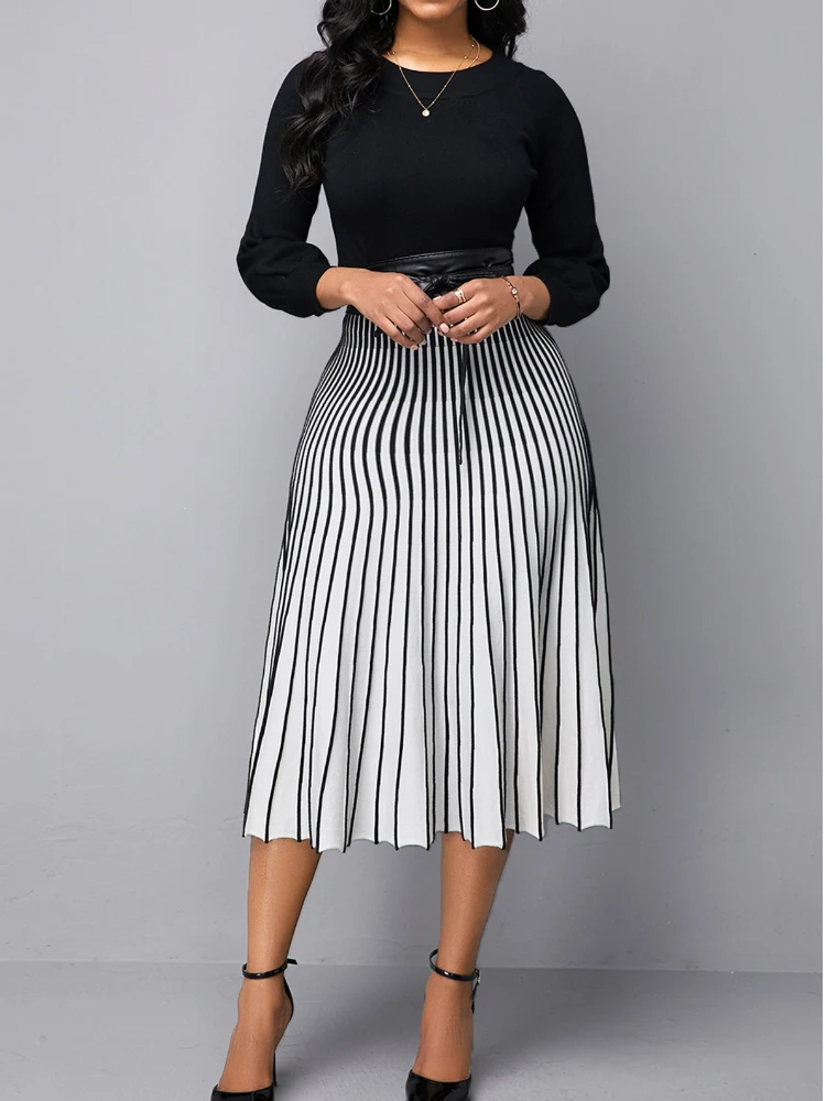 

Женское платье в полоску, с круглым вырезом и длинным рукавом