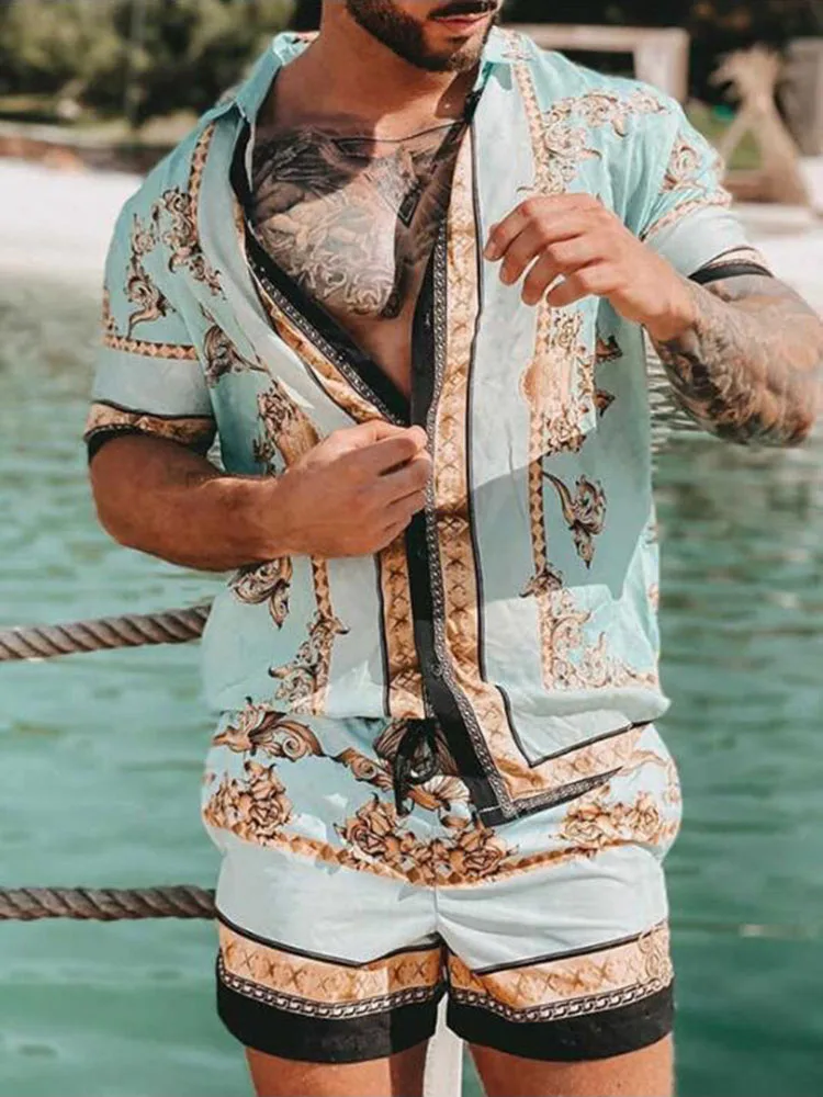 

Sik Silk 3D Printing Summer Men's New Fashion Casual Loose Shirt Cardigan + Shorts Beach Suit Two Piece