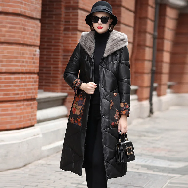 

100% genuine leather real Haining Down jacket women's medium length 2024 new mother sheep skin fashion splicing xiangyun yarn
