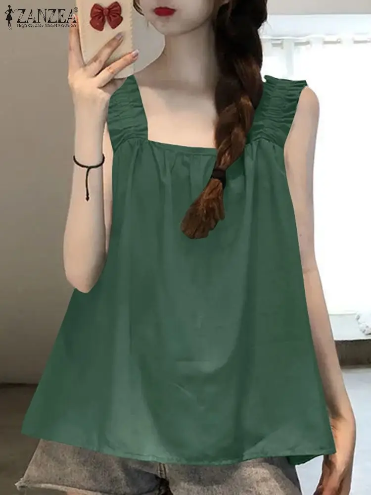 

2023 ZANZEA Summer Women Square Neck Sleeveless Tanks Tops Ruffles Beach Blusas Casual Loose Holiday Shirt Bohemian Solid Blouse