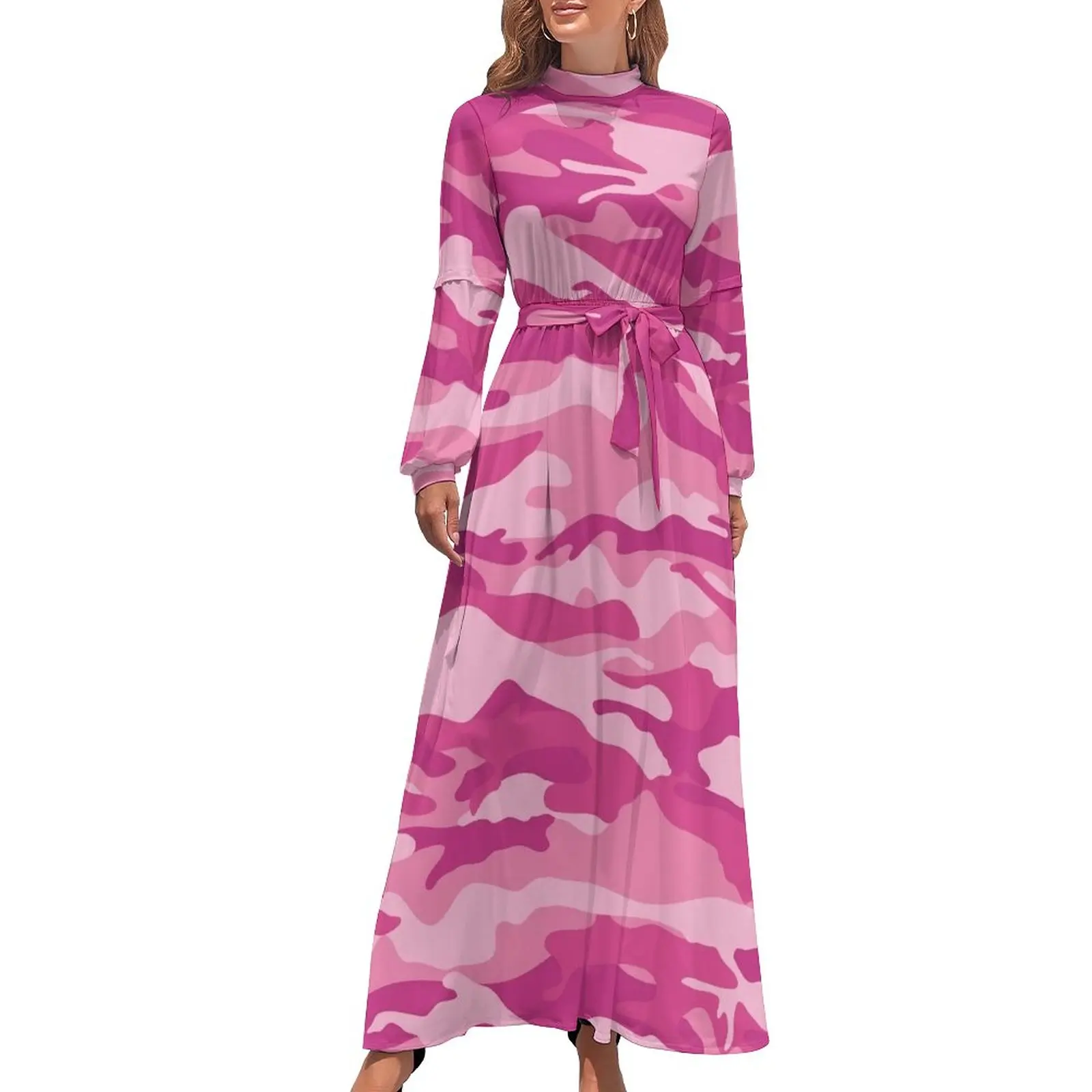 

Милое камуфляжное платье, розовое элегантное платье макси с камуфляжным принтом, уличная одежда, пляжные длинные платья в стиле бохо, платье с высоким воротником и графическим принтом