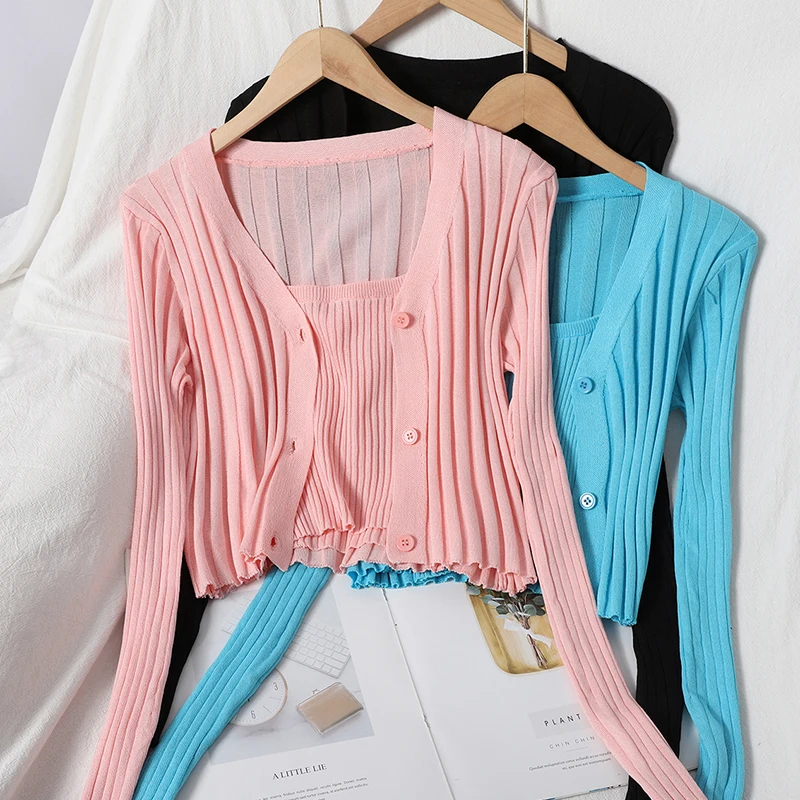 

Hikigawa Chic Fashion Korean Style Sweet Elegant Knitted Cargidan V Neck Pit Strip Top Mujer+Slim Fit Camisole Streetwear 2 Sets