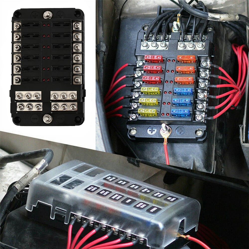 

Truck DC 12-32V Motorhome Coach Boat Bus Bar Power Distribution Block Double Busbars 6-way12-way Fuse Box with LED Lights 100Amp
