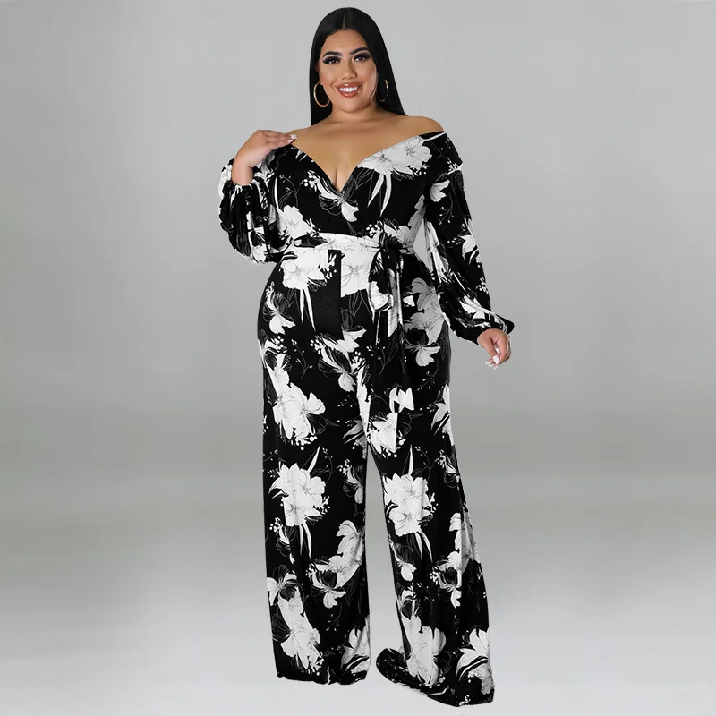 Plus Size Jumpsuits Jumpsuits for Women 2022 Elegant Print V-Neck Lace Up Long Sleeve Straight One Pieces Office Lady Autumn