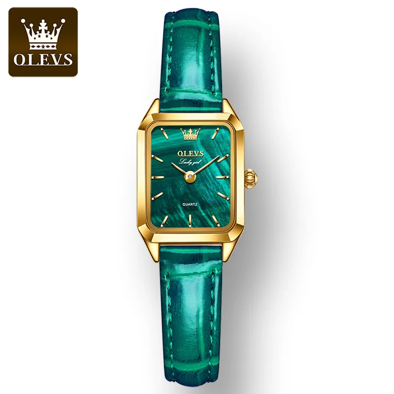 

OLEVS Quartz Waterproof Women Wristwatch Leather Strap High Quality Fashion Watch for Women Green Square Watches