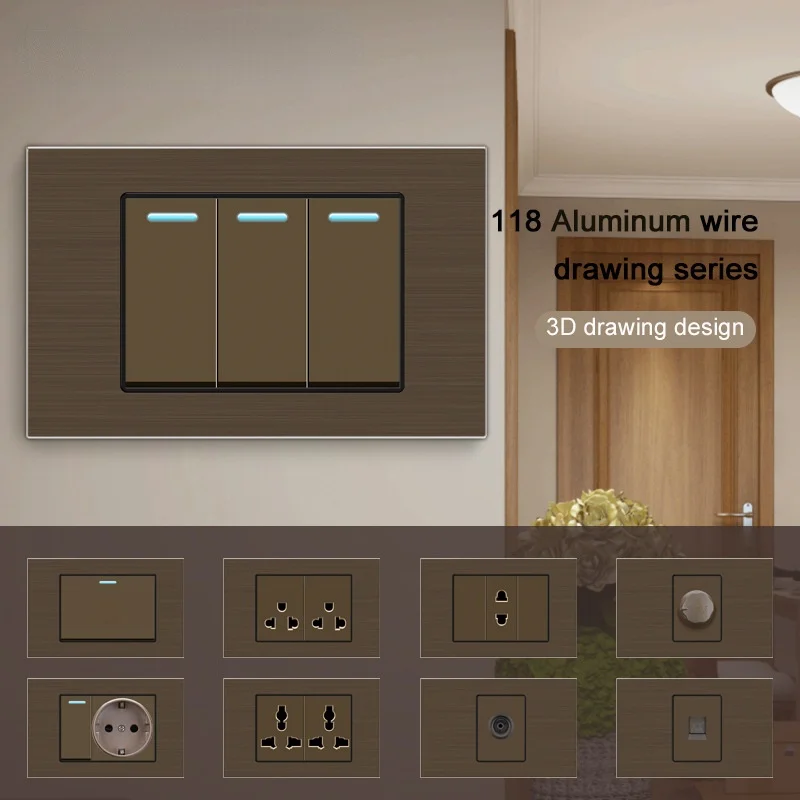 

New 118 aluminum wire drawing brown US AU Brazil Mexico standard switch international switch socket 1 2 3 gang 2 way TV computer