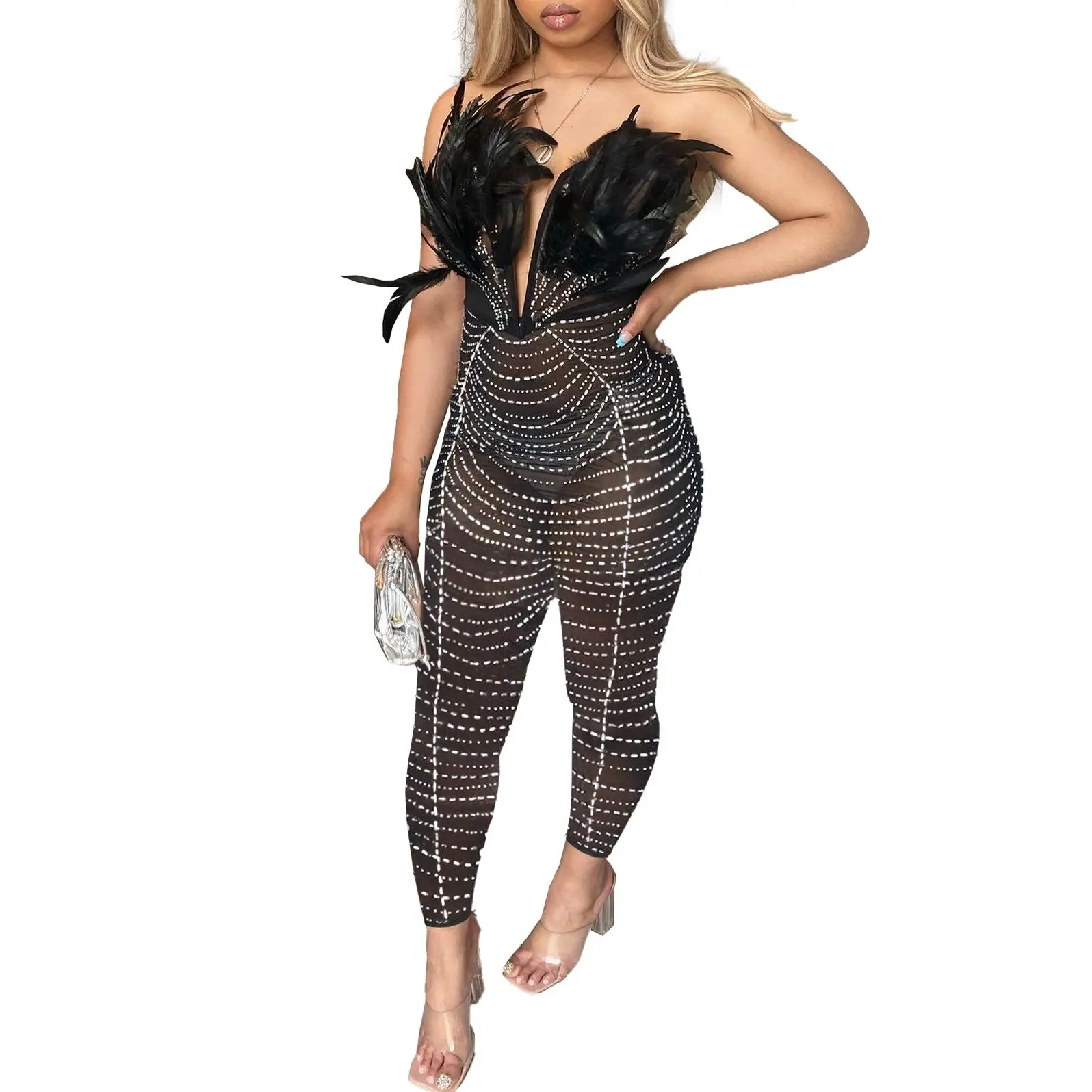 Plus Size Rhinestone Party Jumpsuit Feather Mesh One Piece Cloth Female Pencil Pants 2023 Summer Women Fashion Elegant Jumpsuits