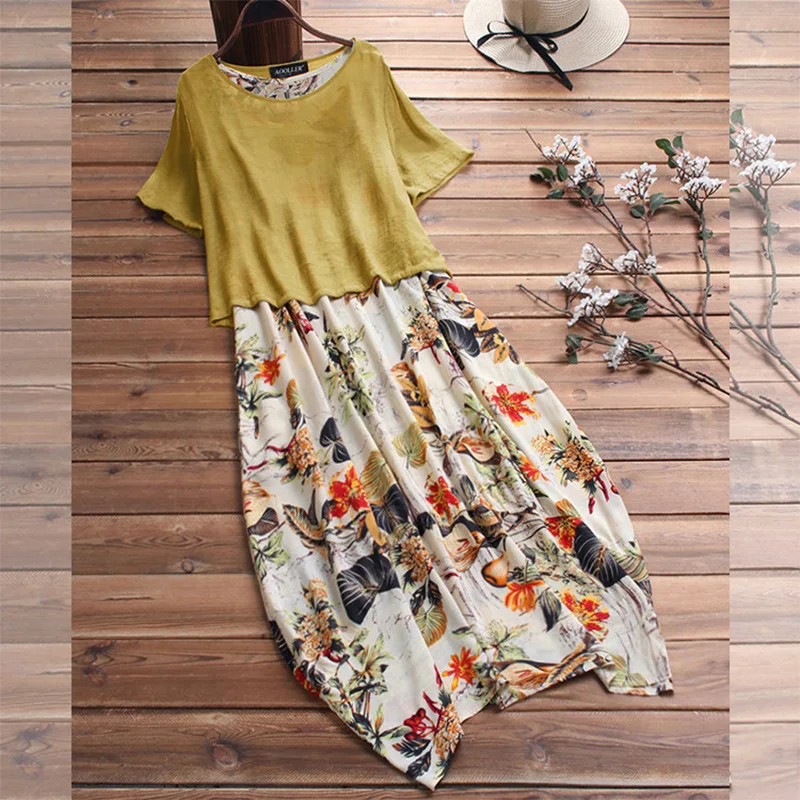 

Summer New 2022 Big Size Women's Fake Two-piece Long Dress Fresh Sweet Women Printed Maxi Dresses Vestido De Mujer 4XL 5XL