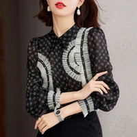 office lady elegant long sleeve lace chiffon shirt summer woman fashion pullover stand collar splicing vintage printing blouse