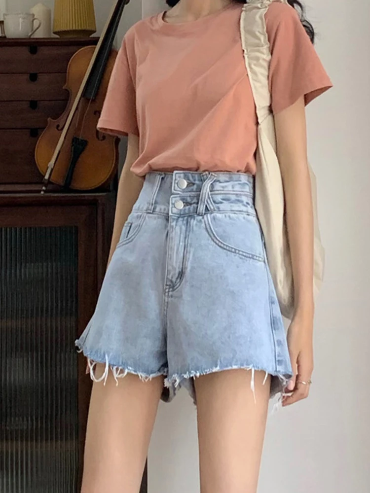 New Summer Women High Waist Wide Leg Raw Hem Blue Denim Shorts Streetwear Female Loose Button Jeans Shorts Bottoms