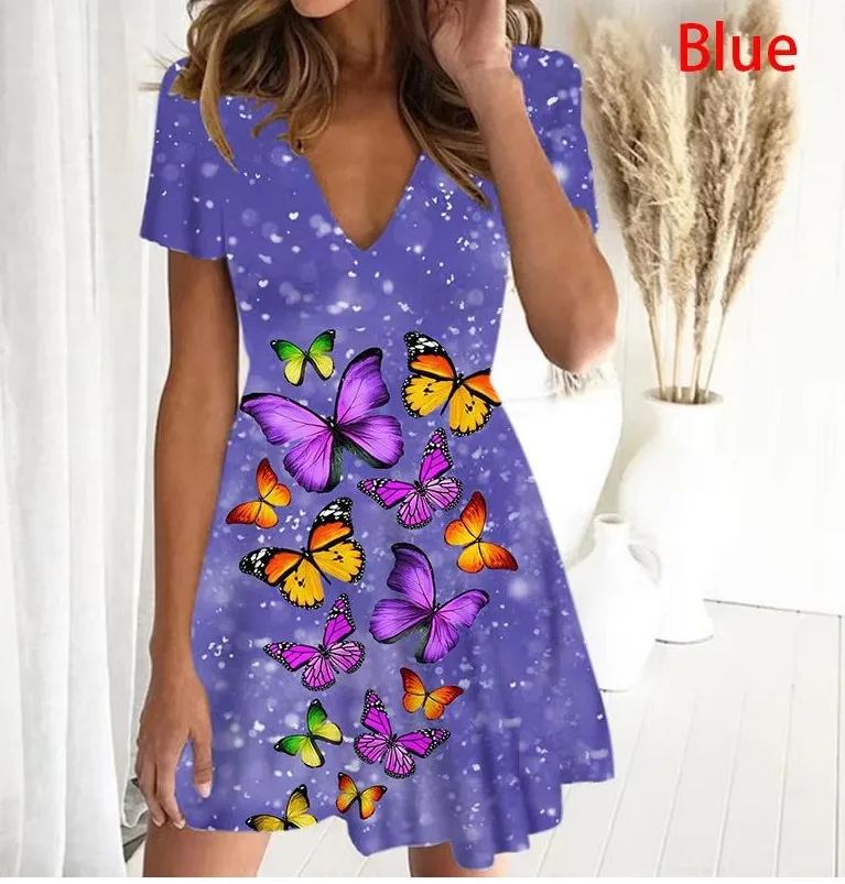 

2022 New Dress V Neck Short Sleeve Color Print Oversize Dress