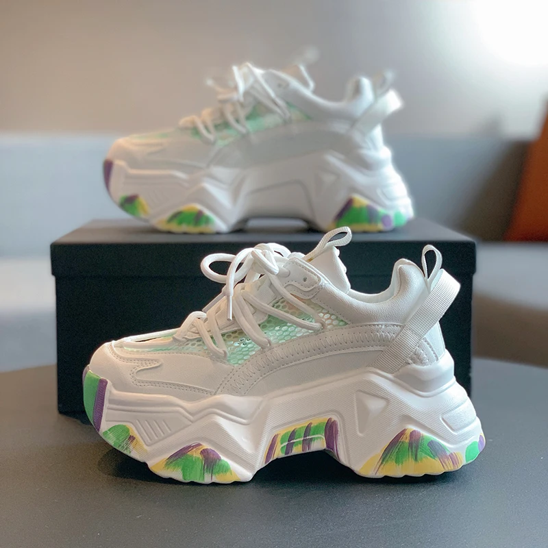

Women Shoes Thick Bottom Spring Korean Yellow Platform Sneakers Walking Breathable Slip On Lace Up Woman Vulcanize Shoes White