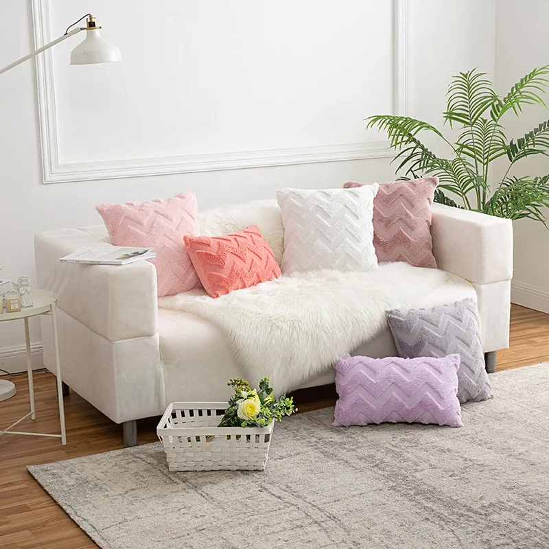 

Soft Solid Color Lumbar PV Plush Throw Pillow Covers Chic Wavy Pattern Cushion Cover for Couch Sofa Home Decor