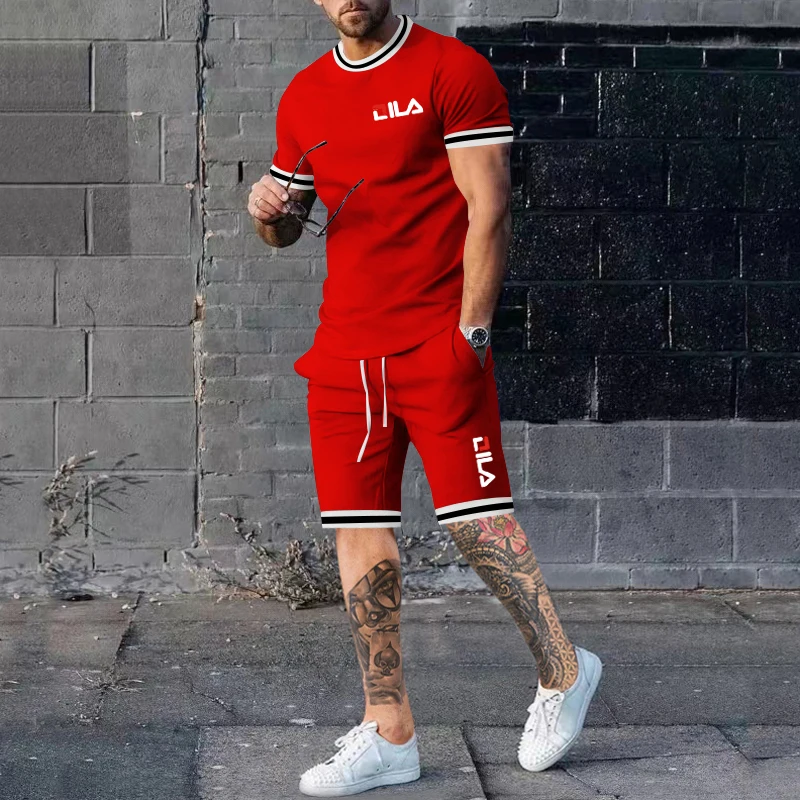 Summer  Solid Color Circular Next Ceiling Casual Suit Men's Fashion  T -shirt Leisure Luxury Comfortable Sport Suit