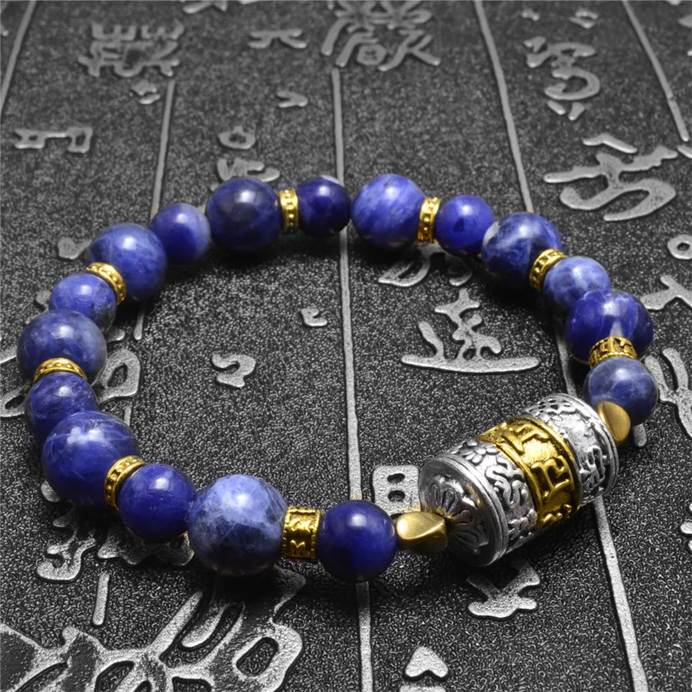 

Tibetan Buddha Prayer Wheel Natural Stone Sodalite Bracelets Beaded Bracelet for Women Men Blue Beads Stretch Healing Buddhist