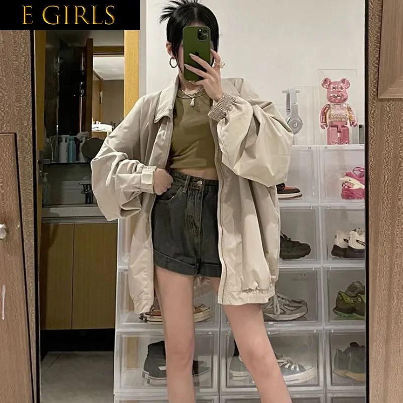 

E GIRLS Jackets Women Daily All-match Basic Leisure Simple Vintage Korean Style Colleges Popular Streetwear Autumn Baggy Classic