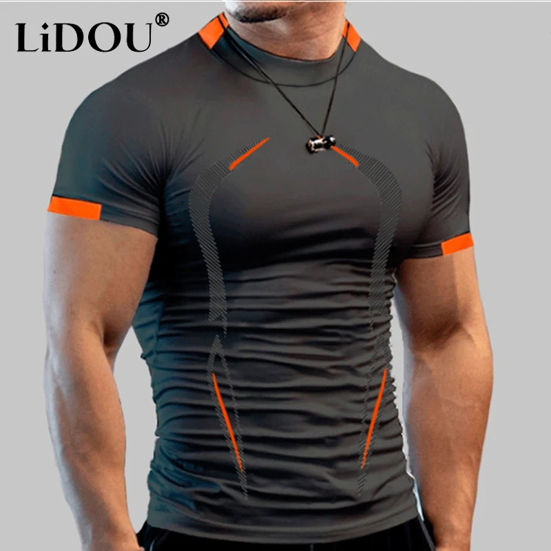 

2023 New Korean Fashion T-shirt Men Sports Chic Solid Color Intellectual Business Casual Wild Street Hipster Bright Colors Top