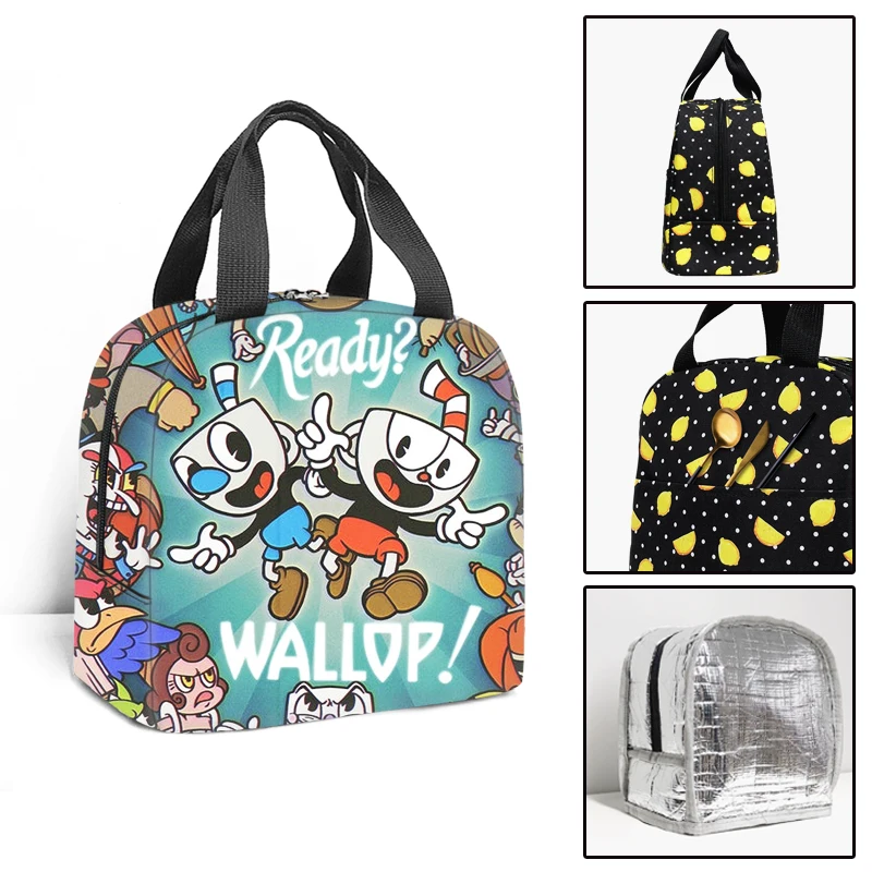 Cartoon Cuphead Print Kids School Insulated Lunch Bag Thermal Cooler Tote Food Picnic Bags Cute Student Travel Lunch Bags